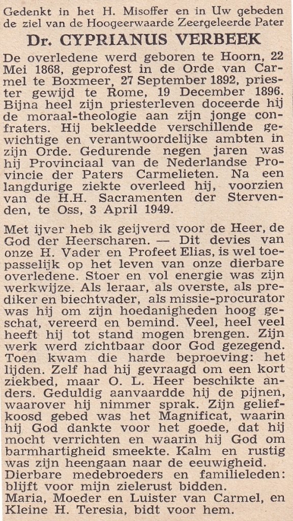 Verbeek Cyprianus 1868 Hoorn 1949 Oss  priester, Ophalen of Verzenden, Bidprentje