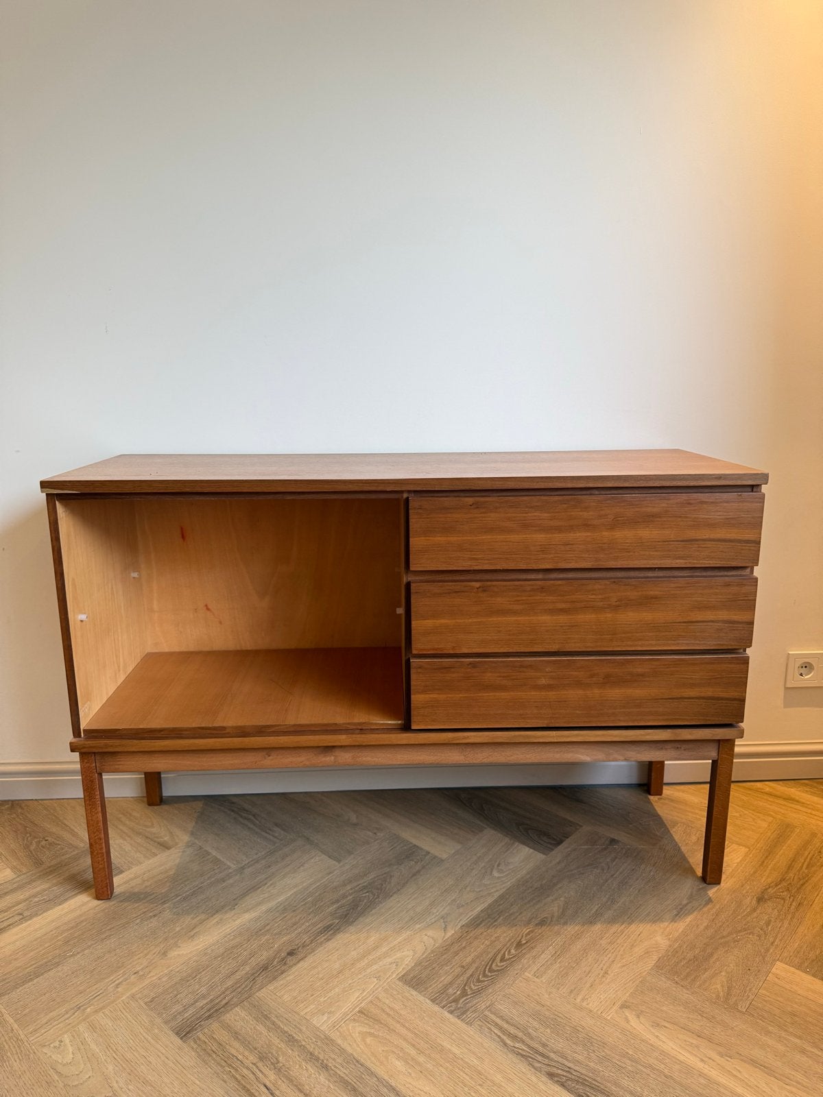 Vintage Teakhouten Dressoir met Lades en Open Vak, Ophalen, Gebruikt, 100 tot 150 cm, Teakhout