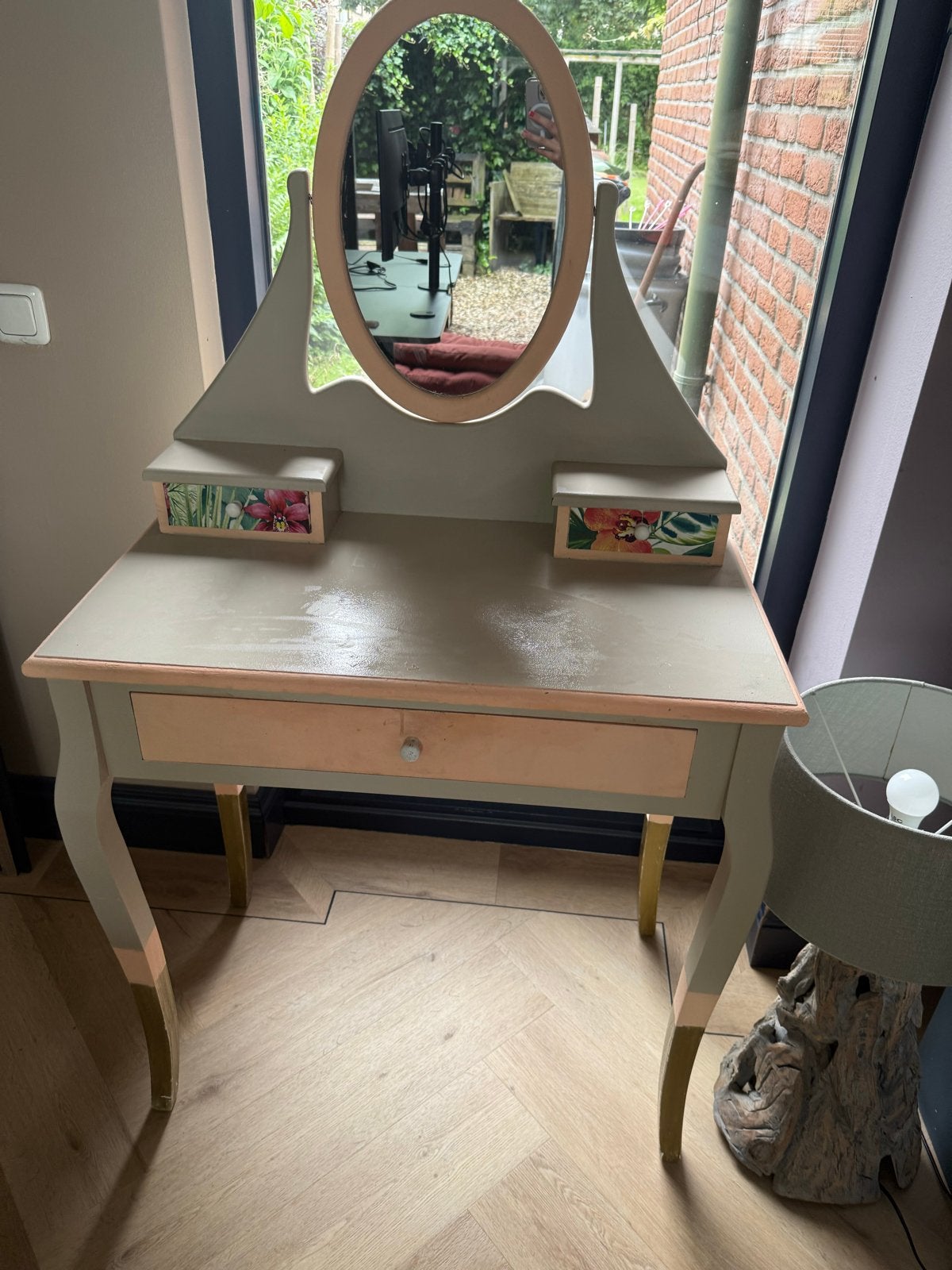 Vintage Kaptafel met Spiegel en Lades, Ophalen, Gebruikt, 100 tot 150 cm, 50 tot 100 cm