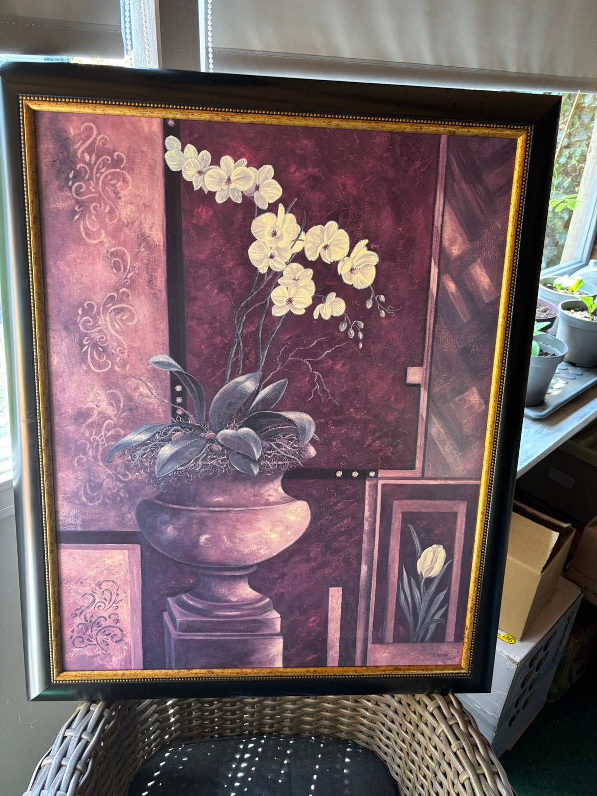 Set van 2 ingelijste bloemschilderijen - Orchidee & Lelie, Antiek en Kunst, Bloemen, Overige stijlen, Doek, Ophalen of Verzenden