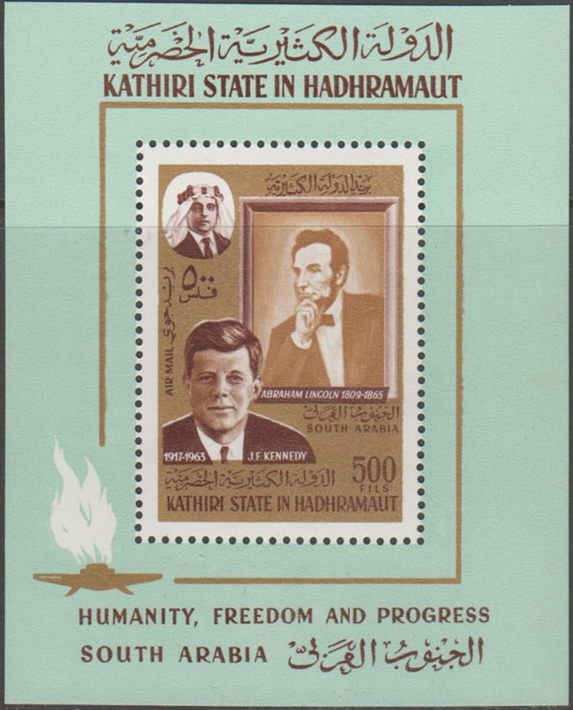 J.F. Kennedy en Abraham Lincoln Aden (Kathiri State) blok 14, Ophalen of Verzenden, Postfris, Overige thema's