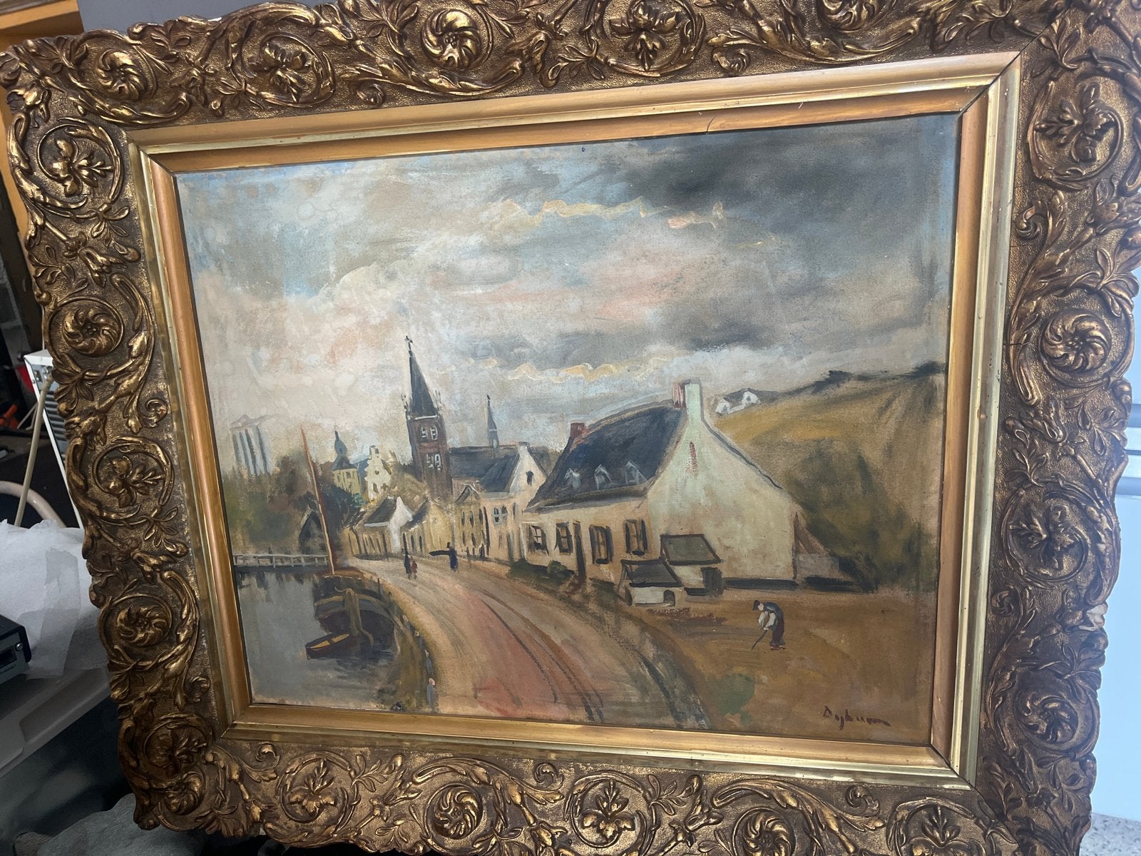 Oud Hollands Stadsgezicht Olieverf Schilderij, Doek, Oud hollands, Ophalen of Verzenden, Olieverf