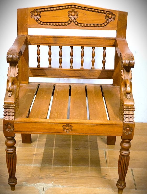 Antieke stoel, prachtig koloniaal houtsnijwerk hardhout 1930, Antiek en Kunst, Ophalen