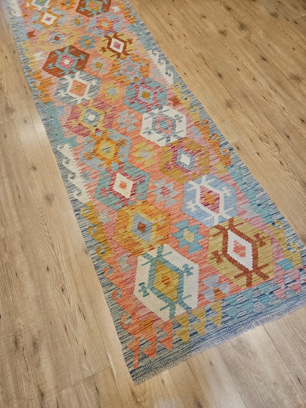 handgeweven oosterse wollen kelim loper 296x84, Info@SlatsAntiek.nl, Crème, Vof Slats Antiek, Kelim