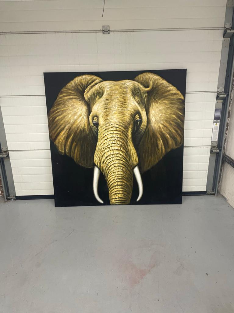 Groot olifant schilderij - 150x150 cm - Goud op zwart, Ophalen