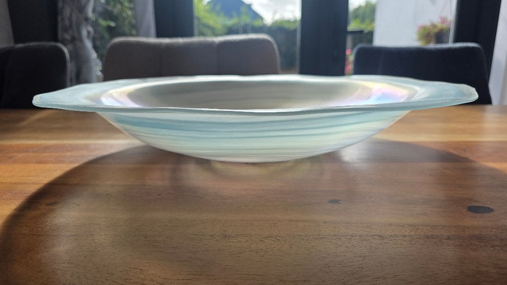 Prachtige grote glazen sierschaal met parelmoer effect, Ophalen, Rond, Geglazuurd, Glas