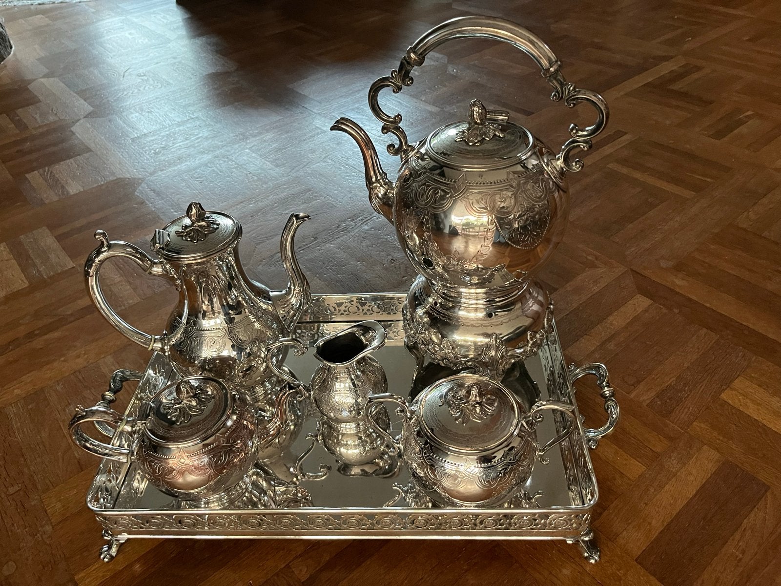 Antiek verzilverd theeservies met dienblad, Ophalen, Zilver