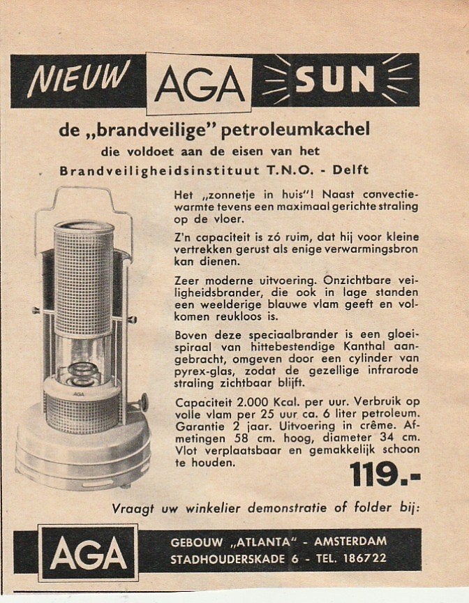 retro reclame 1960 Aga petroleum kachel Sun brandveilig, Verzamelen, Verzenden, Overige typen