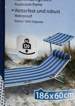 Zonnebed Ligbed Strandbed met zonnedak blauw-wit, Tuin en Terras, Ligbedden, Ophalen, Zo goed als nieuw, Aluminium