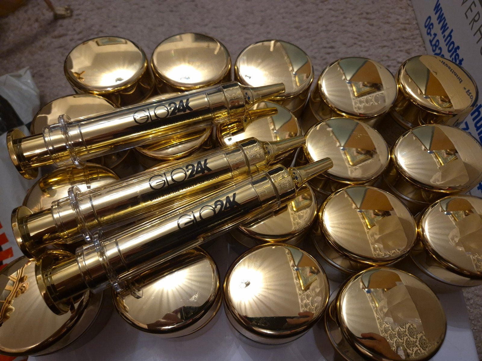 Luxe gouden cosmetica potjes (19x) en applicatorspuiten (3x), Sieraden, Tassen en Uiterlijk, Gehele gezicht, Nieuw, Ophalen of Verzenden