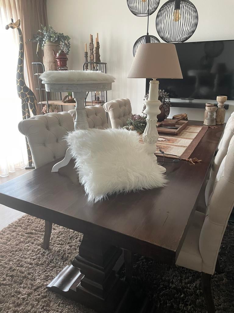 Landelijk houten wijntafeltje met balusterlamp, Huis en Inrichting, Tafels | Bijzettafels, Minder dan 55 cm, Gebruikt, Rond, Hout