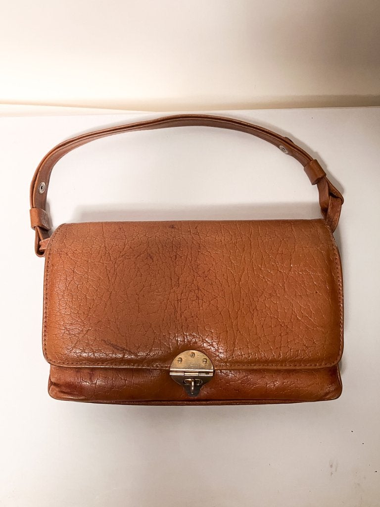 Vintage Cognac Leren Schoudertas / Harmonica Model, Overige merken, Gebruikt, Bruin, Ophalen of Verzenden