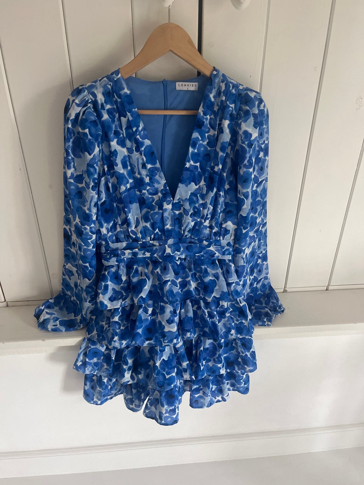 Loavies jurk met bloemenprint en ruches - Maat S, Blauw, Ophalen of Verzenden, Zo goed als nieuw, Maat 36 (S)