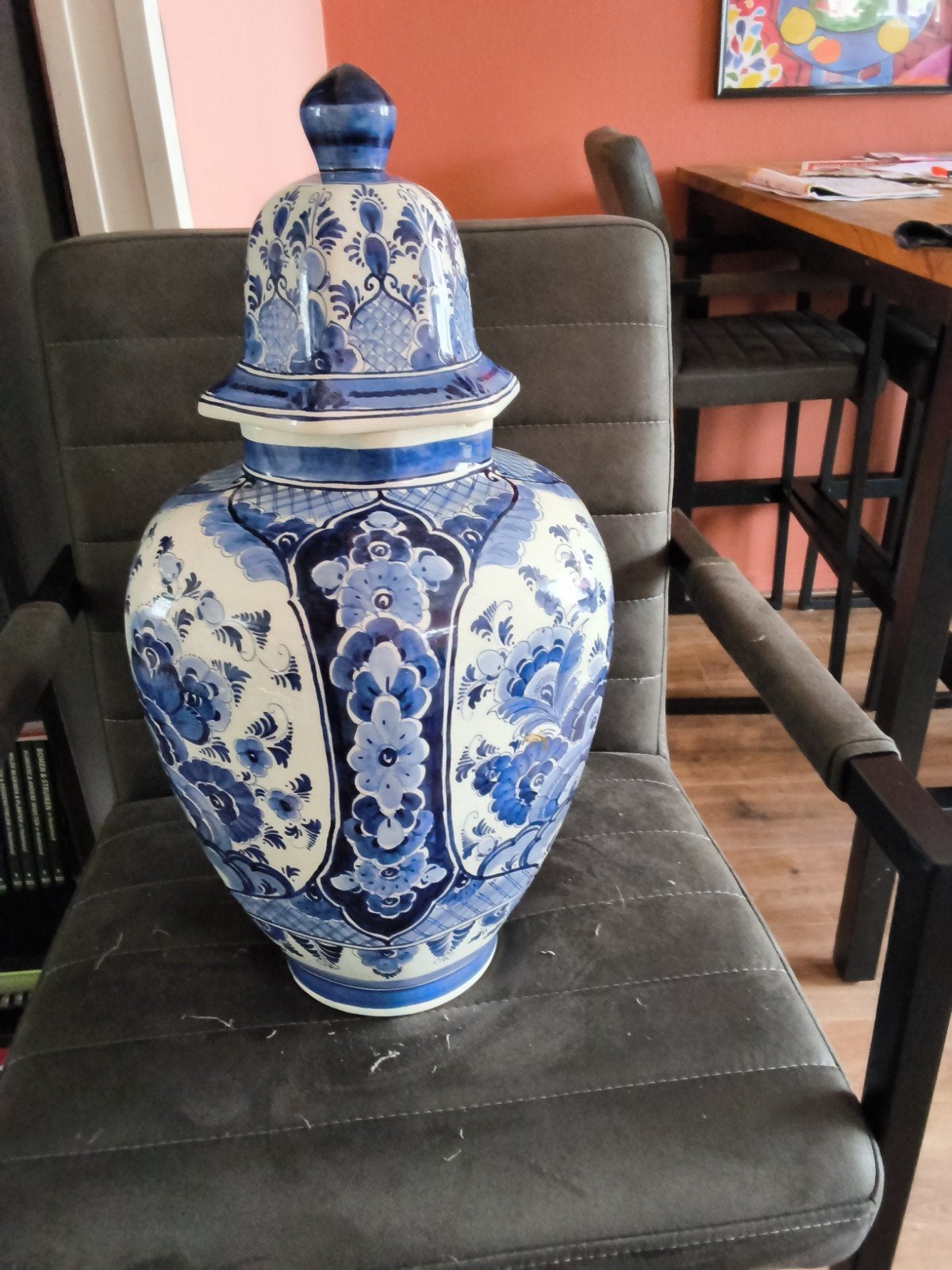 Grote Delfts Blauwe Handgeschilderde Vaas met Deksel, Ophalen