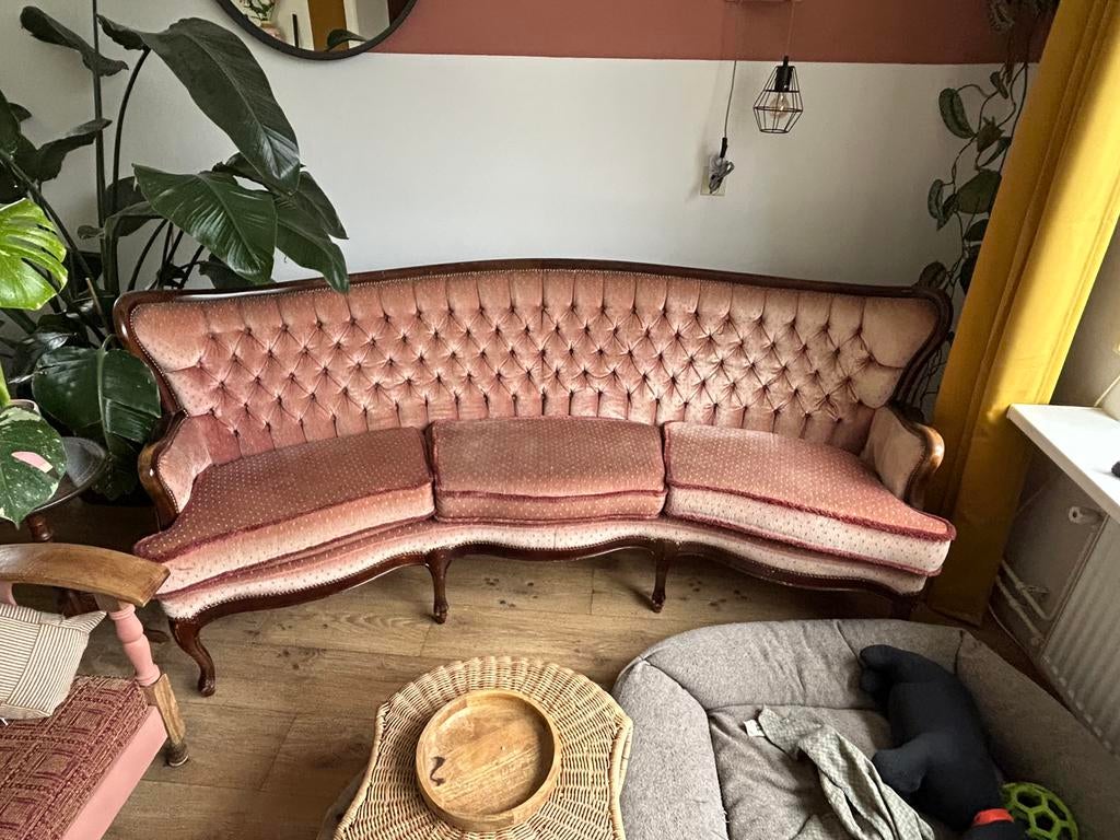 Warm roze design bank, Huis en Inrichting, Banken | Complete zithoeken, Gebruikt, Stof, Ophalen