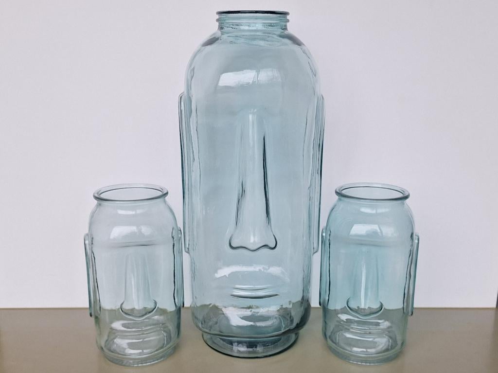 lot 3 glazen vazen met Moai gezicht Paaseiland h= 68 en 34cm, Ophalen, Overige kleuren, 50 tot 75 cm, Glas