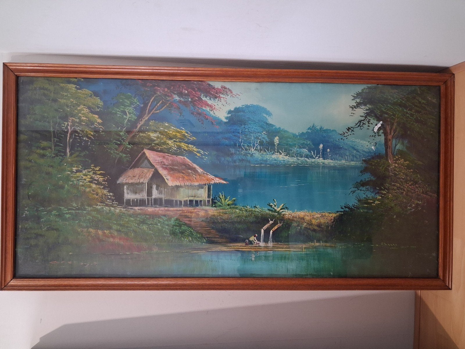 Schilderij Indonesische landschap met huisje, Ophalen
