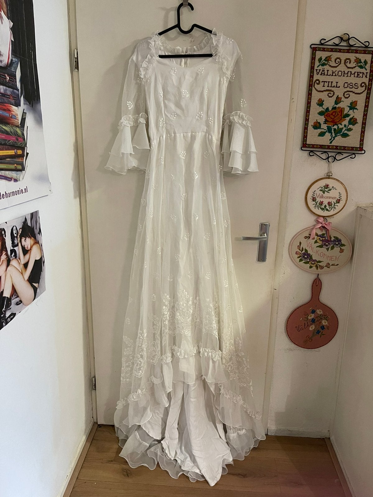 Vintage witte trouwjurk met kant en sleep maat S/XS, Ophalen of Verzenden, Gedragen, Wit, Trouwjurk