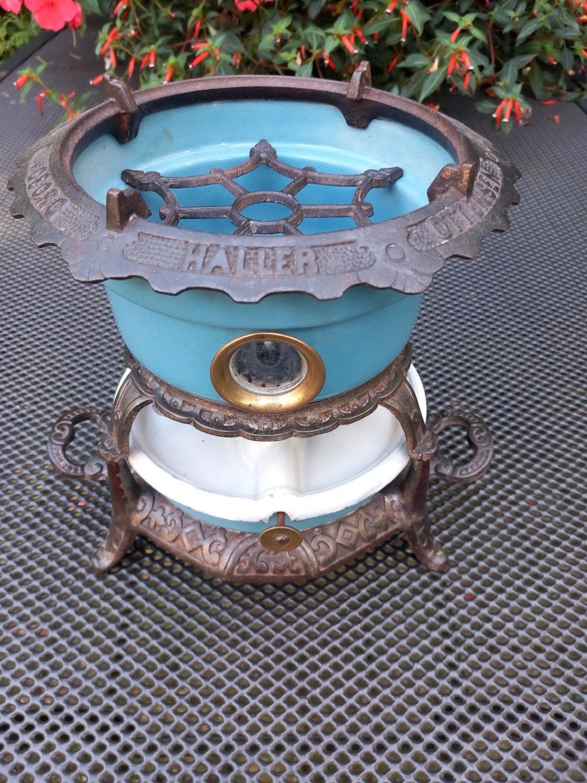 prachtig helblauw emaille 1pits petroleumstel Georg Haller, Ophalen of Verzenden