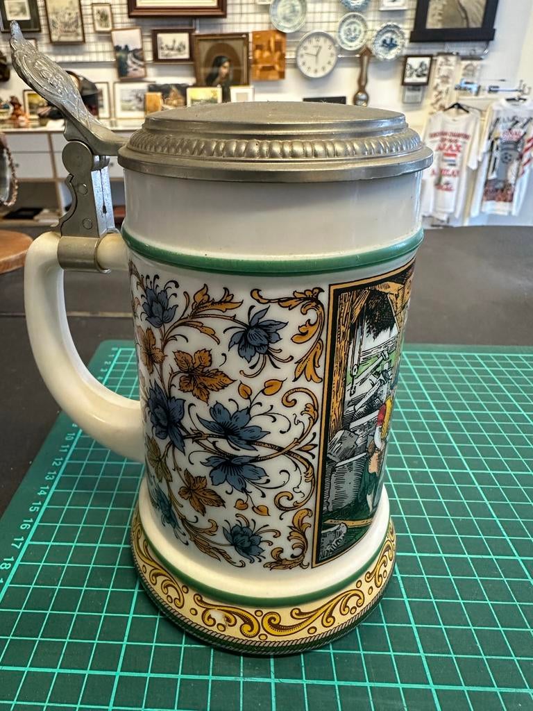 Vintage Duitse Bierpul met Tin Deksel - 'Der Steinmetz', Antiek en Kunst, Ophalen