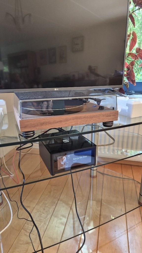 Mooi apart TV/media/audio meubel van glas, Ophalen, Modern minimalistisch, 100 tot 150 cm, Minder dan 100 cm
