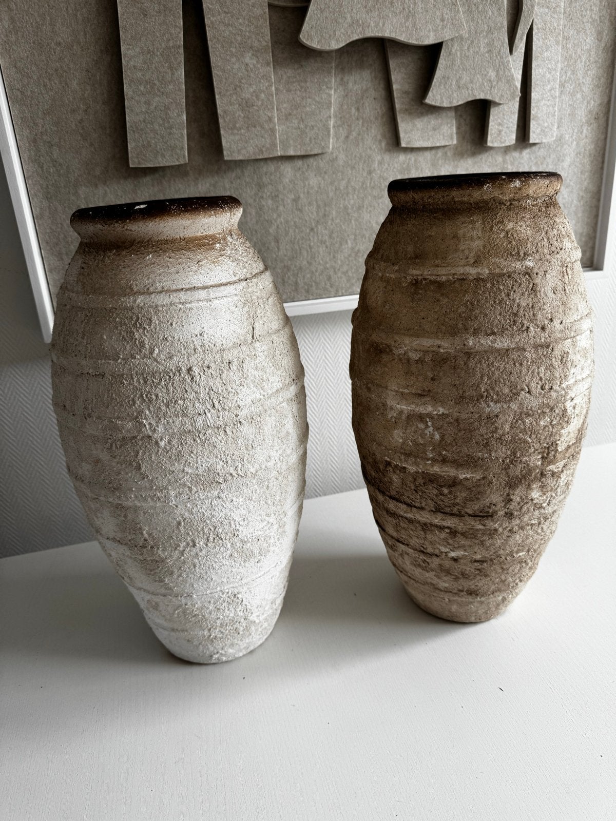 Set van 2 stoere, sobere zware potten - 41cm hoog, Ophalen, Gebruikt, Steen/keramiek, Handgemaakt