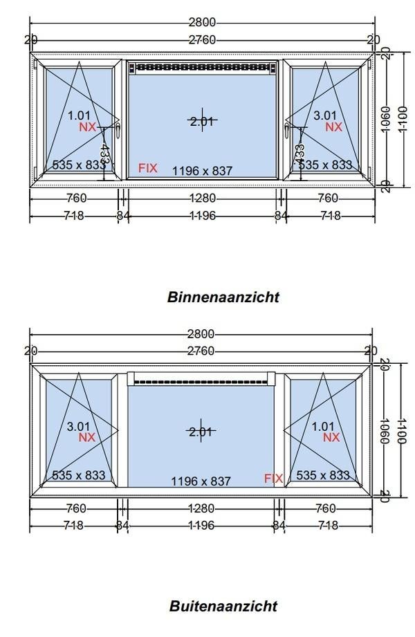 Kunststof kozijn 2800 x 1100 HR++, Ophalen, Kunststof, Nieuw, Inclusief glas
