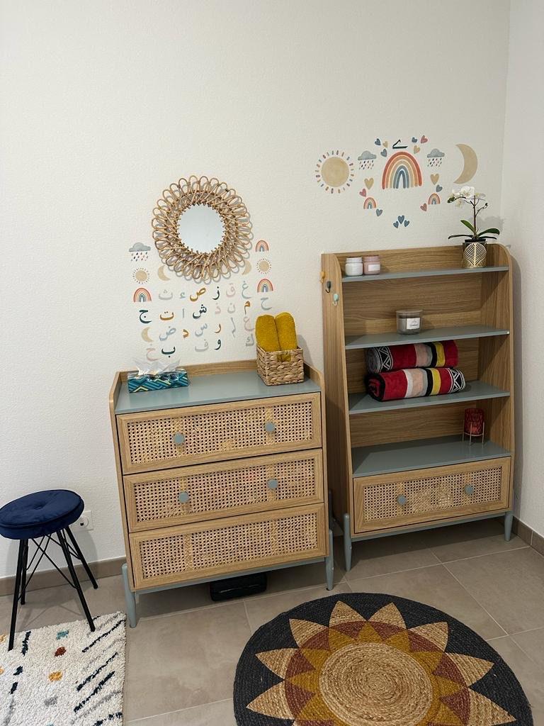 Kinderkamer Set MintBlauw Rotan Boekenkast+Nachtkast+Commode, Ophalen, 50 tot 70 cm, 105 cm of meer, Zo goed als nieuw