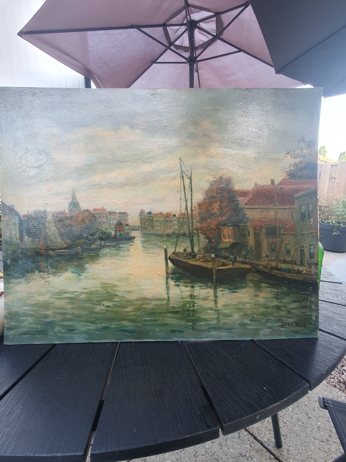 Olieverfschilderij Piet Bos - Havenzicht, Ophalen of Verzenden