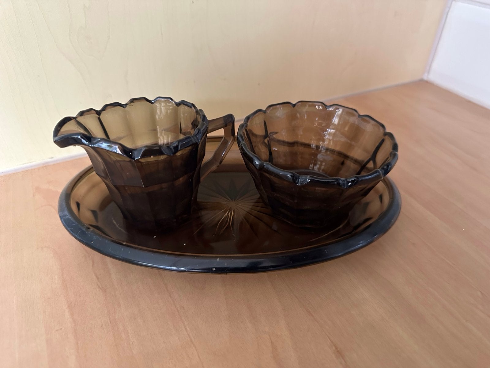 Vintage Leerdam Glas Roomstelletje op Dienblad, Antiek en Kunst, Ophalen
