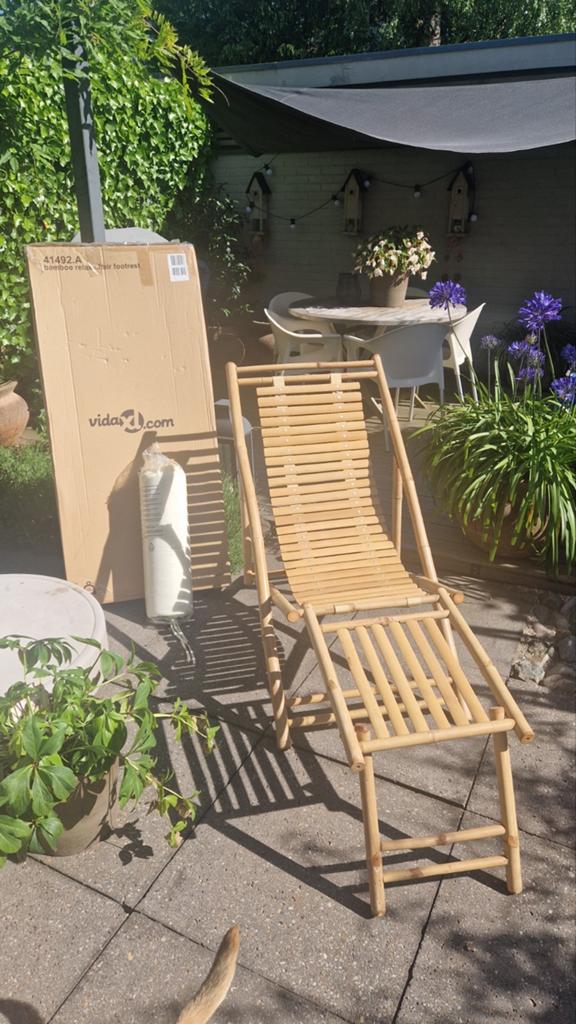 2x bamboe ligstoel met kussen - VidaXL, Tuin en Terras, Ligbedden, Ophalen, Nieuw, Hout, Inklapbaar