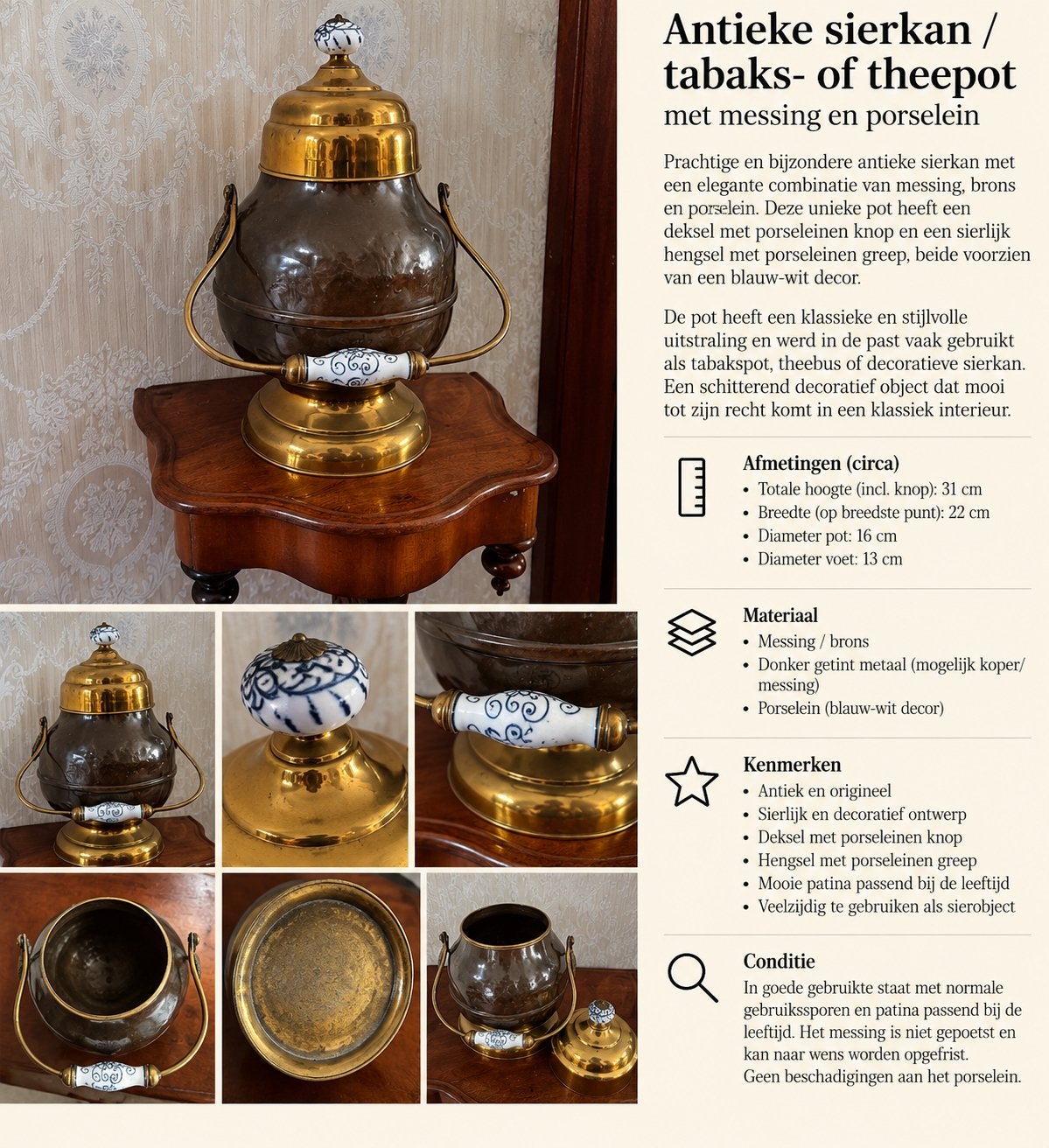 Antieke sierpot met messing en porselein, blauw-wit decor, Ophalen of Verzenden