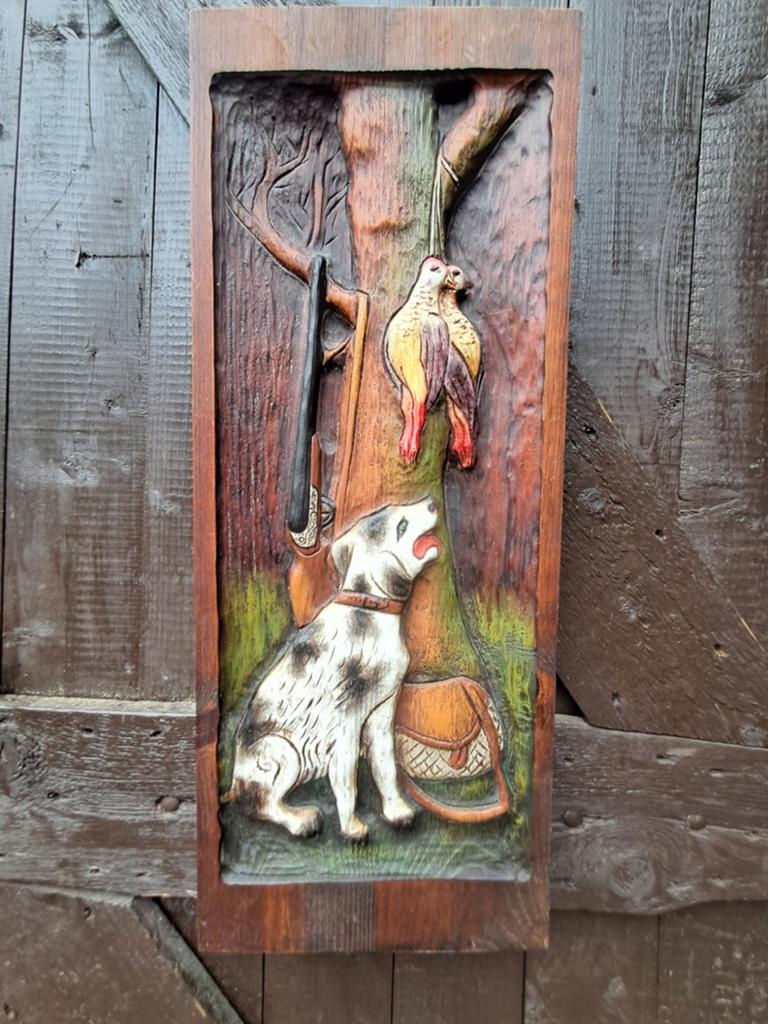 Klassiek Houten Jachtpaneel / Reliëfsnijwerk - Jachthond, Ophalen, Gebruikt, ., Hout