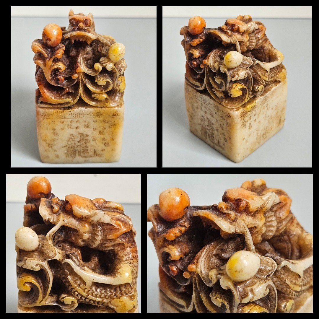 Uit speksteen vervaardigde stempel met drakendecor, Natuurlijk materiaal, Ophalen of Verzenden, China, Handgemaakt
