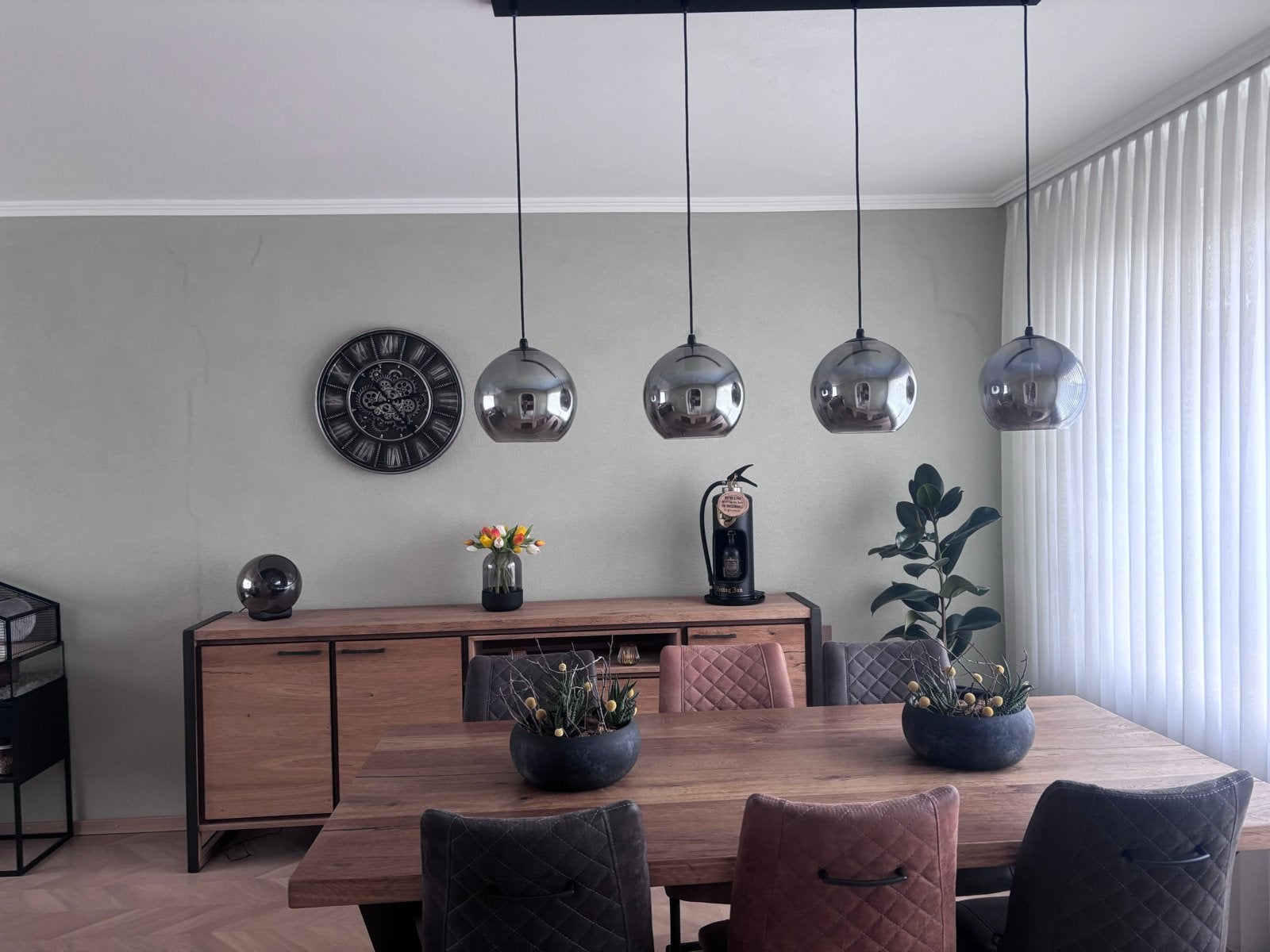 Moderne hanglamp Orb 4-lichts met smoke glas, Ophalen, Zo goed als nieuw, Metaal, E27 (groot)