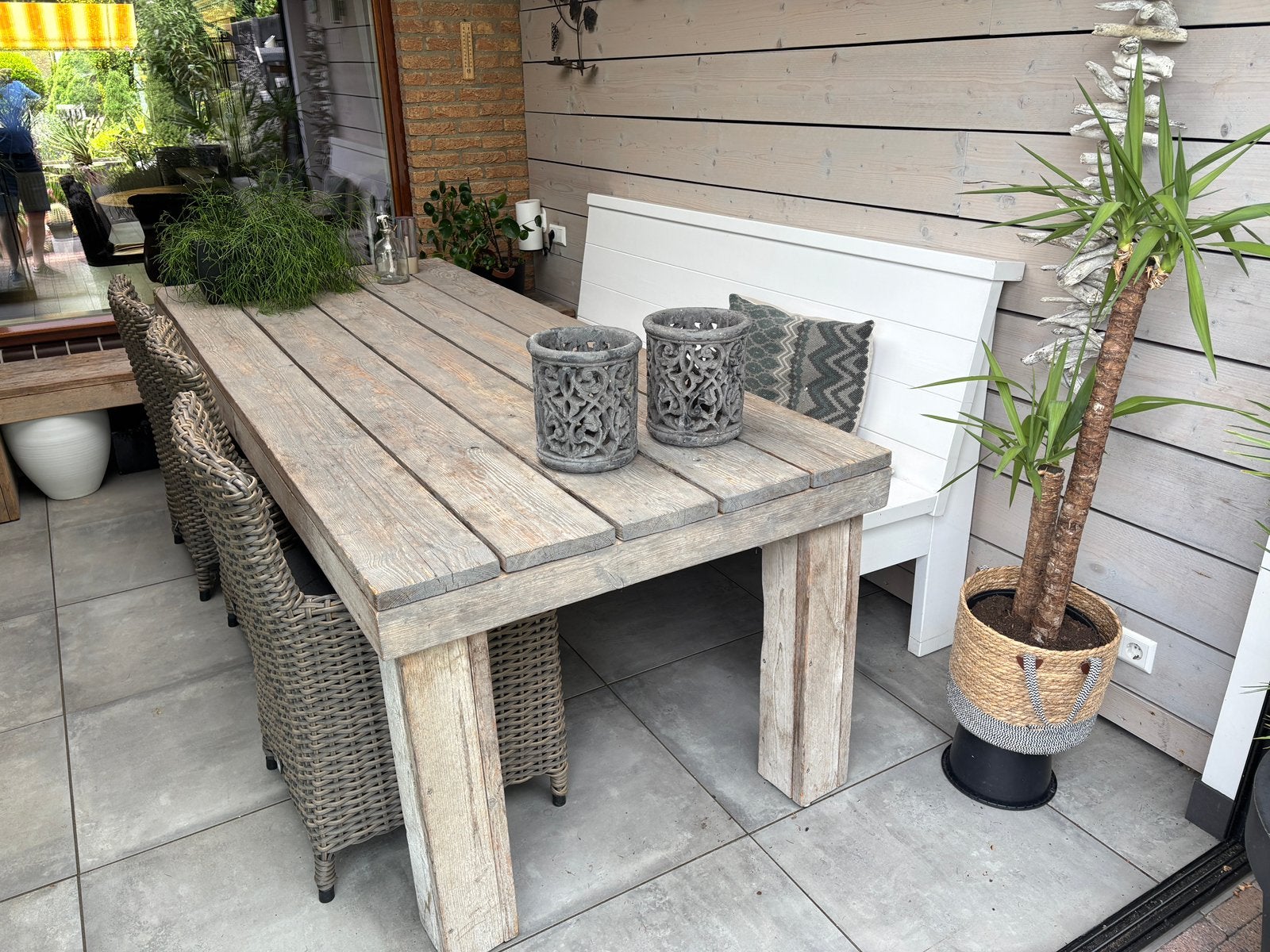 Steigerhouten veranda tafel, Tuin en Terras, Ophalen, Gebruikt, Eettafel, 6 zitplaatsen