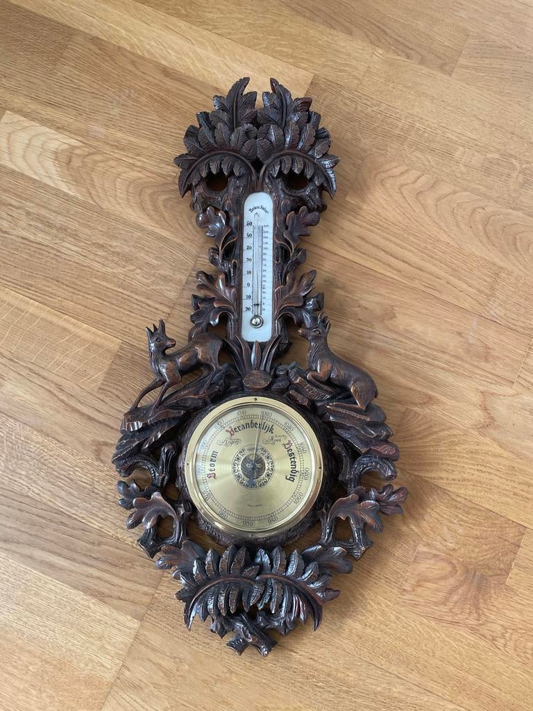 Antieke Barometer met Thermometer - Houtsnijwerk Herten, Antiek en Kunst, Ophalen