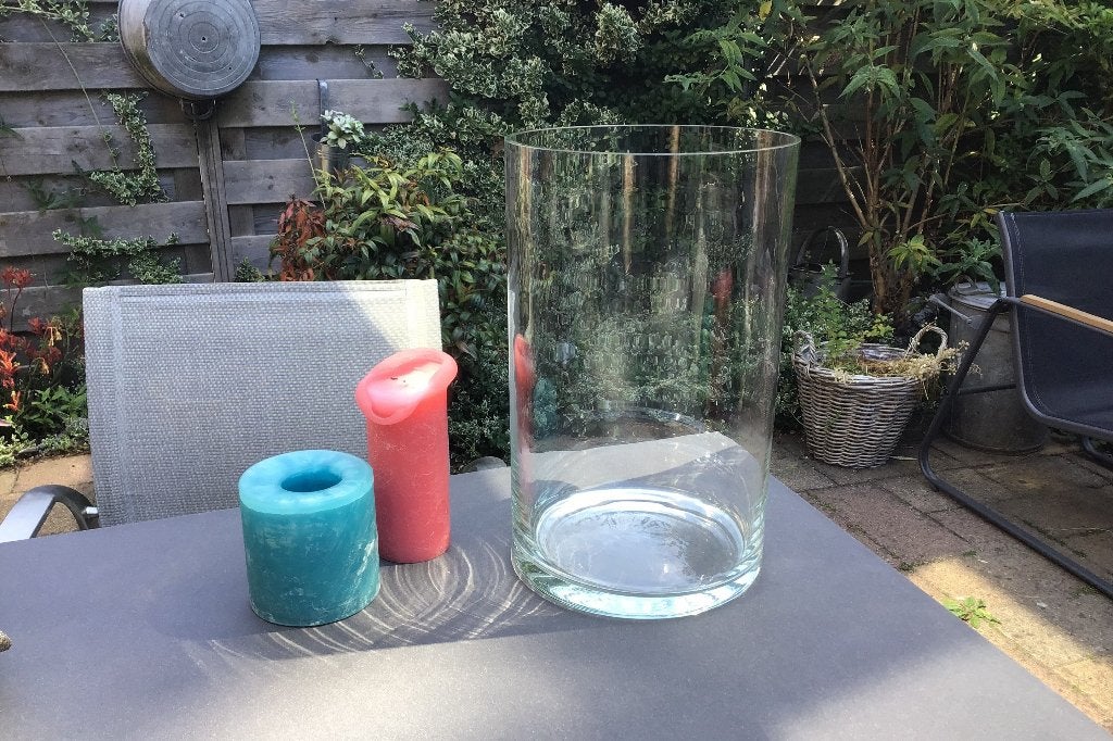 Vaas of windlicht 35 cm hoog, Ophalen, 35 cm, Geschikt voor buiten, Glas