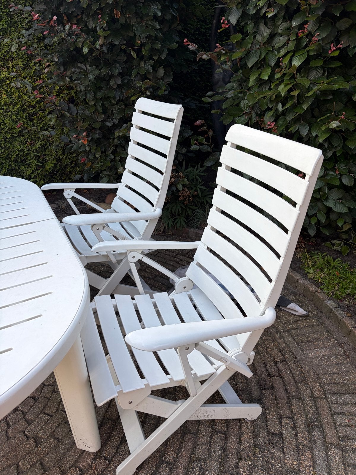 Rovergarden Tuinset: 4 verstelbare stoelen, tafel + bijzetta, Ophalen, 4 zitplaatsen, Kunststof, Gebruikt