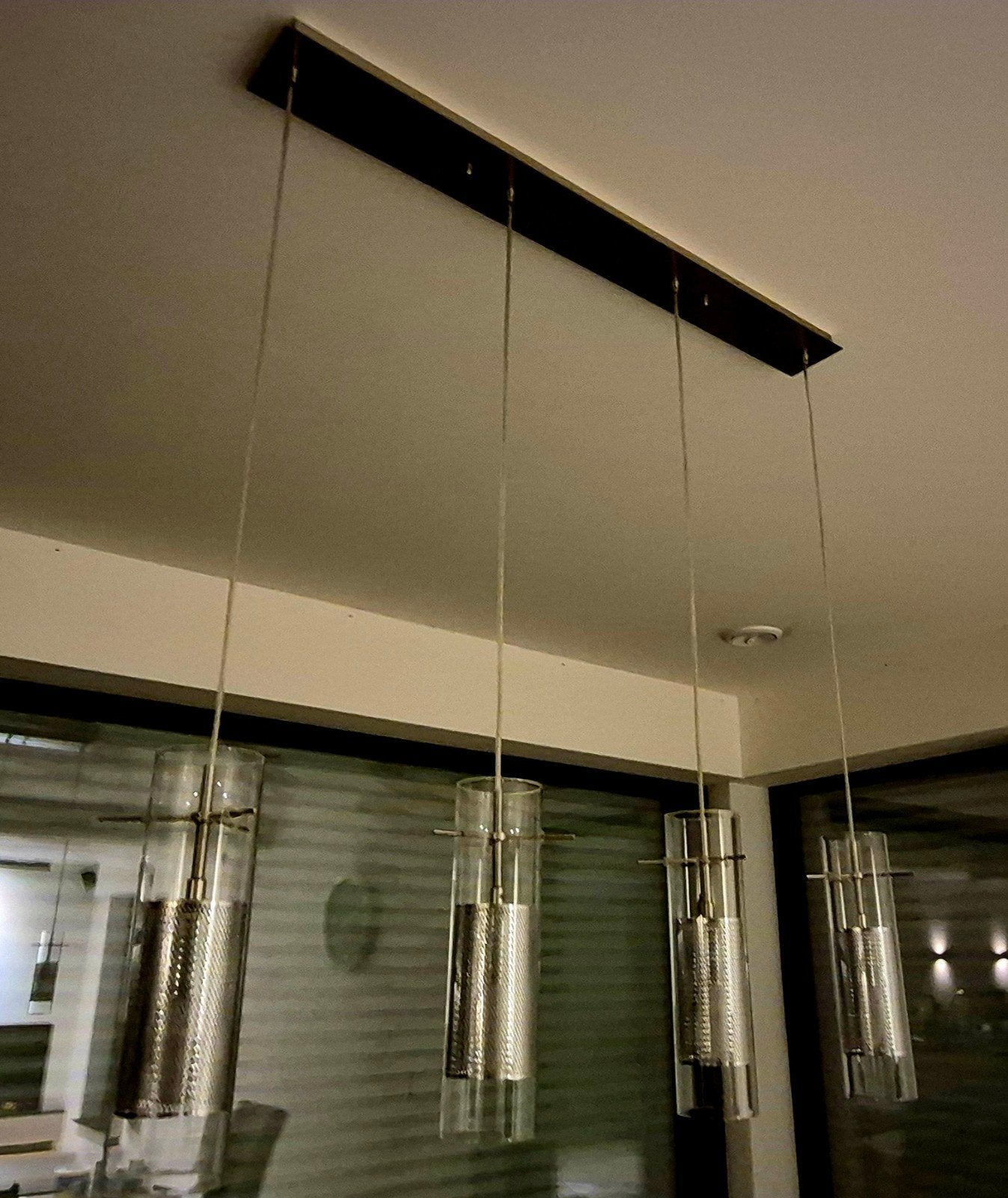 Moderne hanglamp met 4 glazen cilinders, Modern, Industrieel, Overige fittingen, Ophalen of Verzenden, Zo goed als nieuw