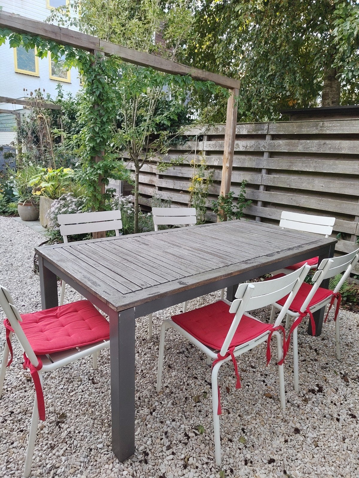 tuintafel 18090  aluminium/teak en zes stoelen met teak bla, Ophalen, Gebruikt, Aluminium, 6 zitplaatsen