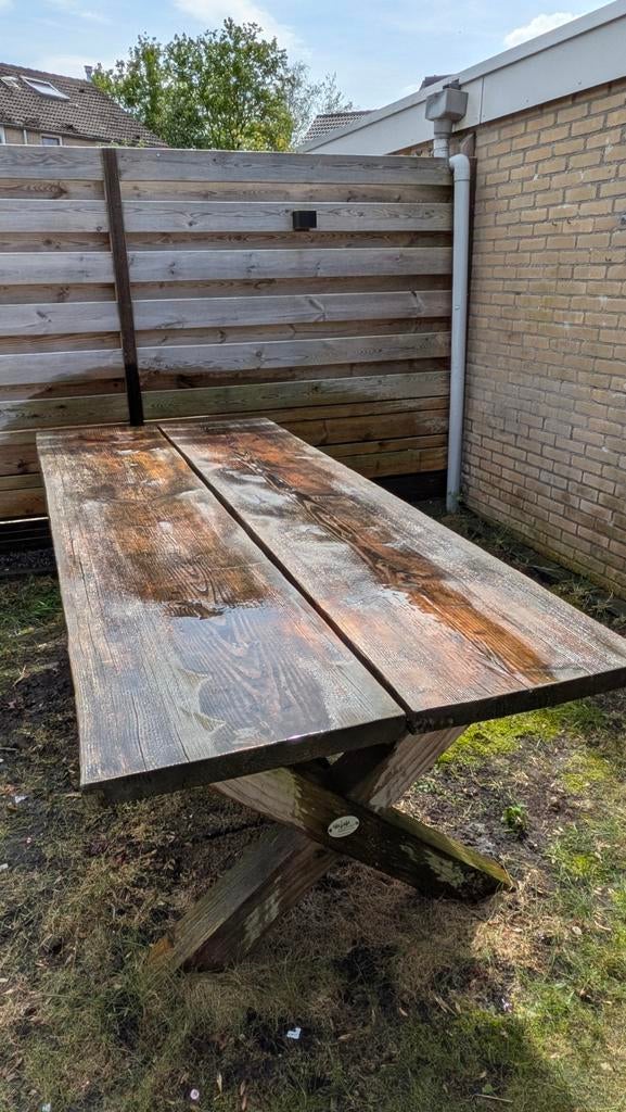 Robuuste houten tuintafel - Annehiel., Tuin en Terras, Tuintafels, Ophalen, Gebruikt, Rechthoekig, Hout