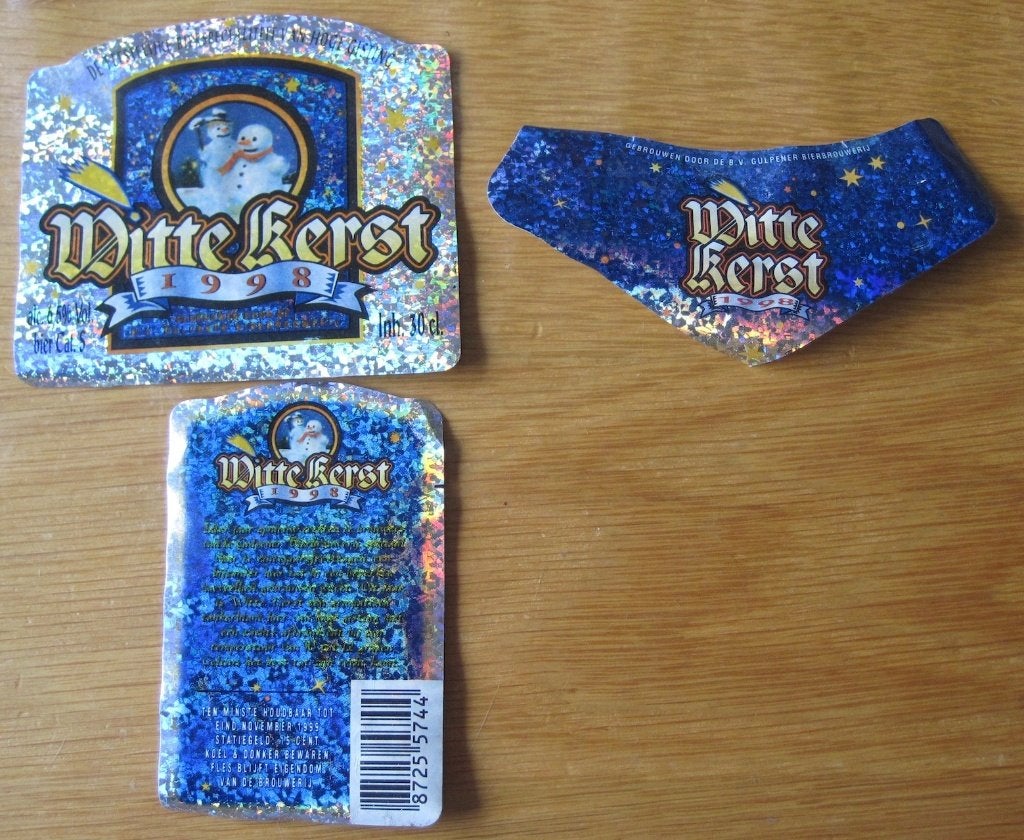 bier etiket Gulpener bier - Witte kerst - 1998, Verzamelen, Ophalen of Verzenden, Zo goed als nieuw, Overige typen, Gulpener