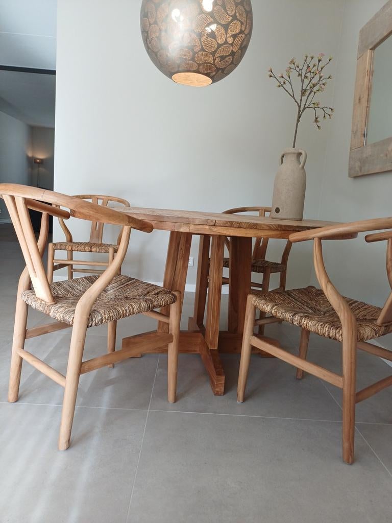 4 eetkamerstoelen teak/riet., Ophalen, Minder dan 50 cm, Teakhout, Minder dan 50 cm