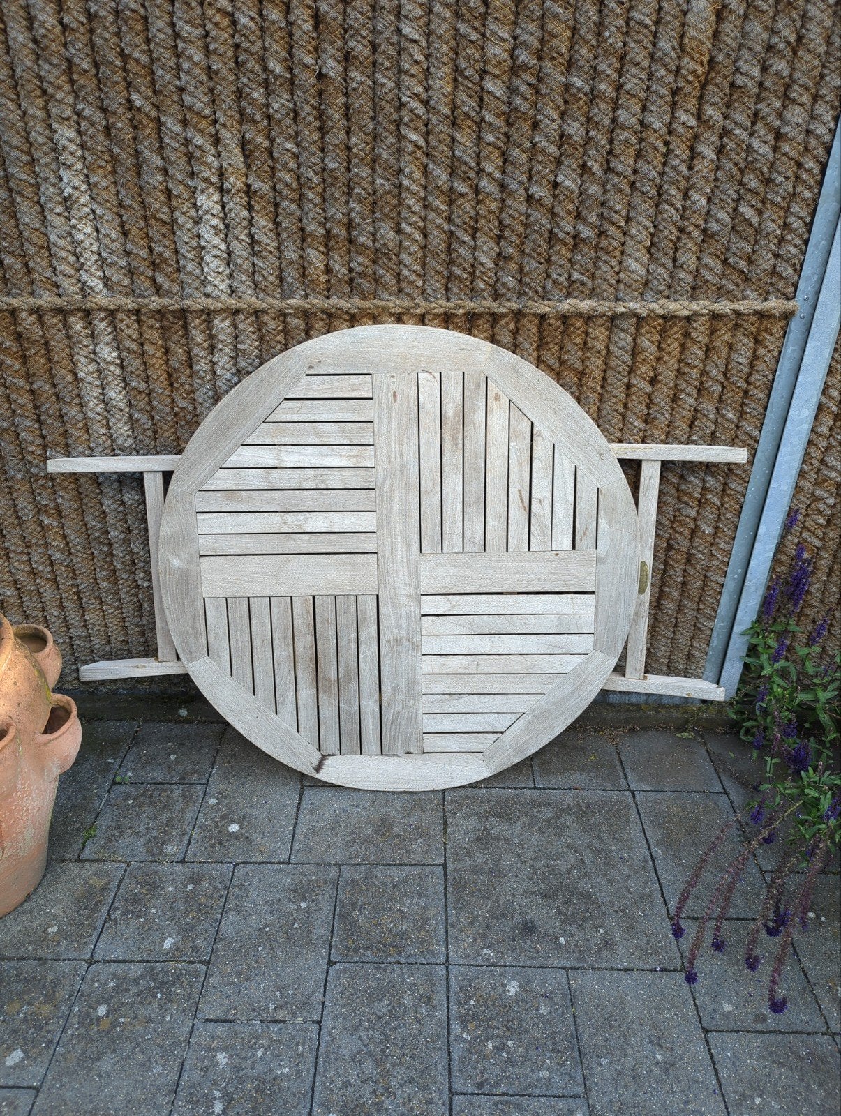 Ronde Teakhouten Tuintafel - Opvouwbaar 100 cm, Ophalen, Gebruikt, Rond, Teakhout