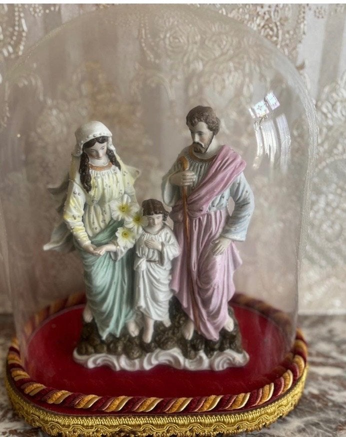 Antiek biscuit porselein Heilige Familie onder stolp, Antiek en Kunst, Antiek | Religie, Ophalen