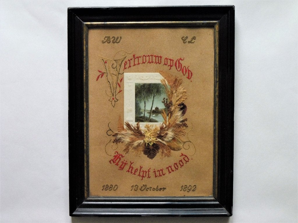 Antiek borduurwerk ca. 1892 in originele antieke lijst, Ophalen of Verzenden