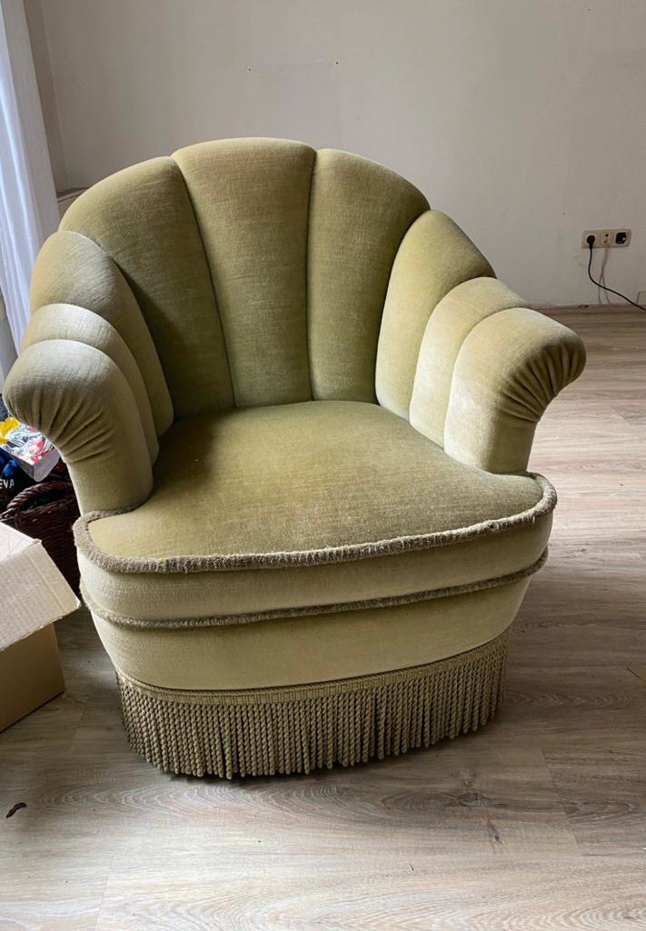 Vintage fauteuil groen franjes mohair velours velvet boudoir, Ophalen, Zo goed als nieuw, Rond, 50 tot 75 cm