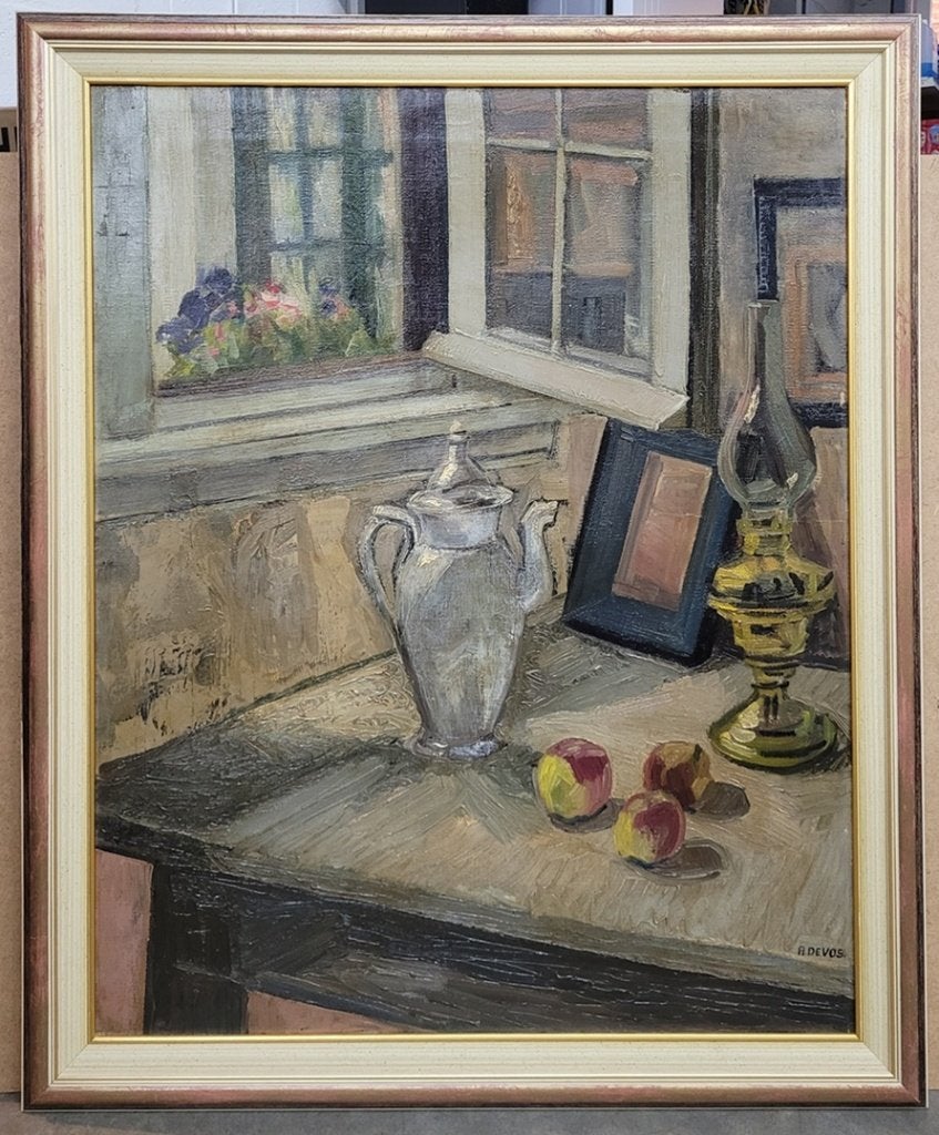 Adeline DE VOS, het open raam, Antiek en Kunst, Kunst | Schilderijen | Klassiek, Doek, Stilleven, Ophalen of Verzenden, Olieverf