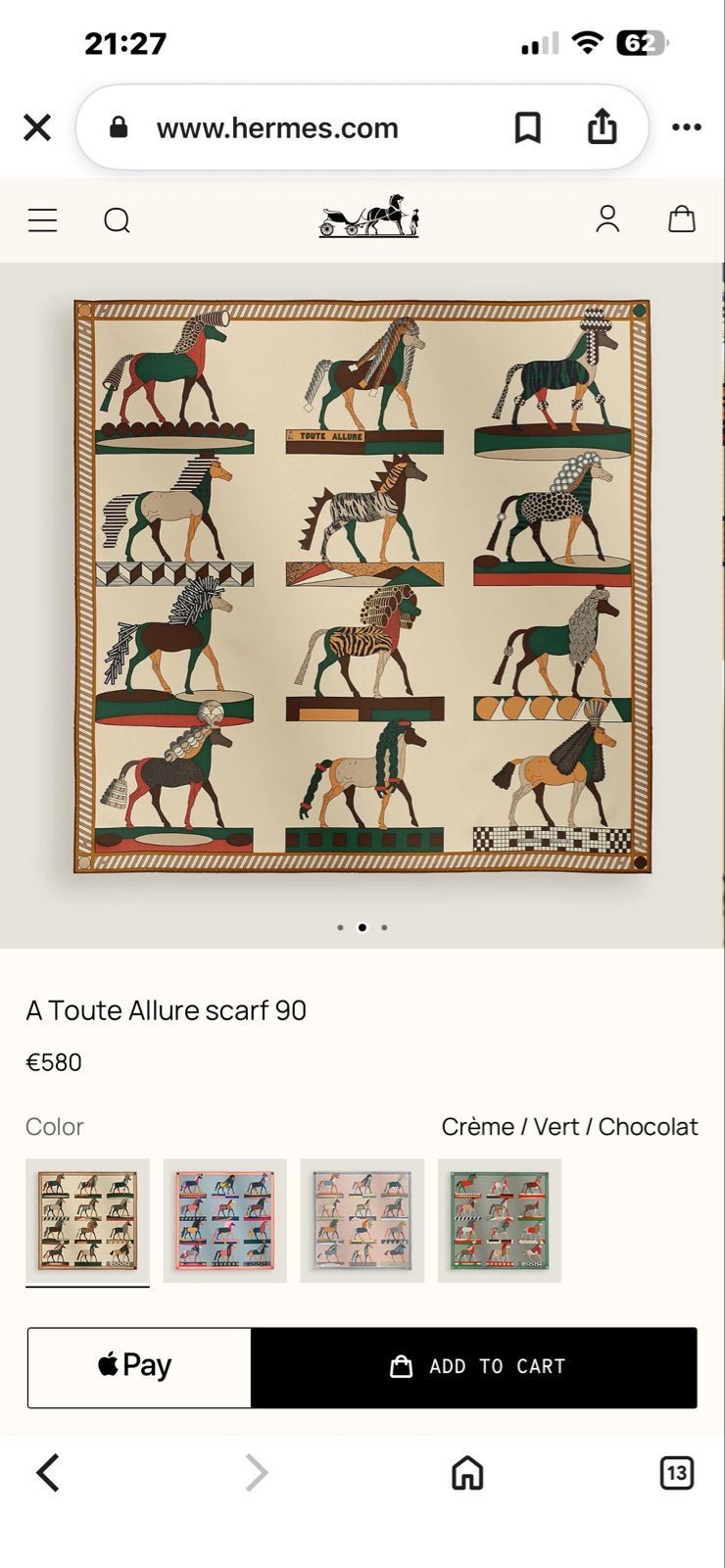 Hermès A Toute Allure sjaal 90 - Crème/Vert/Chocolat, Ophalen of Verzenden, Nieuw, Maat 46/48 (XL) of groter, Sjaal